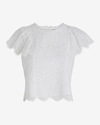 Lace Crew Neck Flutter Sleeve Top | Express