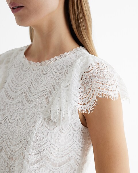 Lace Crew Neck Flutter Sleeve Top | Express