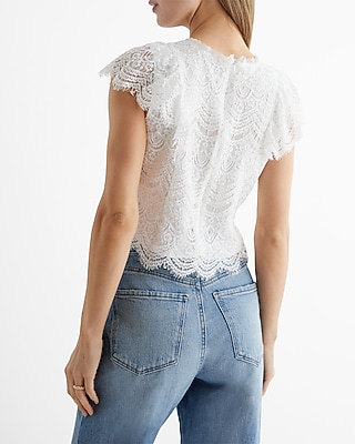 Lace Crew Neck Flutter Sleeve Top
