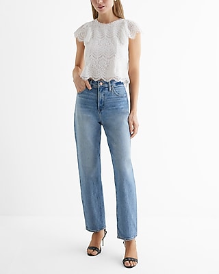 Lace Crew Neck Flutter Sleeve Top