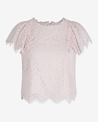 Lace Crew Neck Flutter Sleeve Top