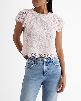 Lace Crew Neck Flutter Sleeve Top