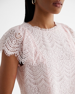 Lace Crew Neck Flutter Sleeve Top