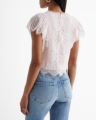 Lace Crew Neck Flutter Sleeve Top