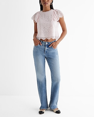 Lace Crew Neck Flutter Sleeve Top