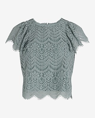 Lace Crew Neck Flutter Sleeve Top