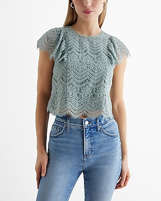 Lace Crew Neck Flutter Sleeve Top