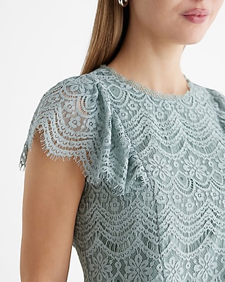 Lace Crew Neck Flutter Sleeve Top