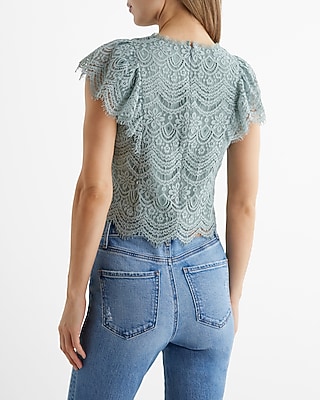 Lace Crew Neck Flutter Sleeve Top