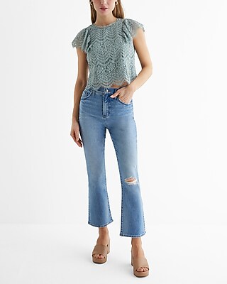Lace Crew Neck Flutter Sleeve Top