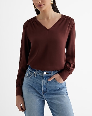 Satin V-neck Smocked Shoulder Top | Express