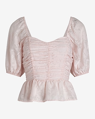 Striped Floral Puff Sleeve Ruched Peplum Top