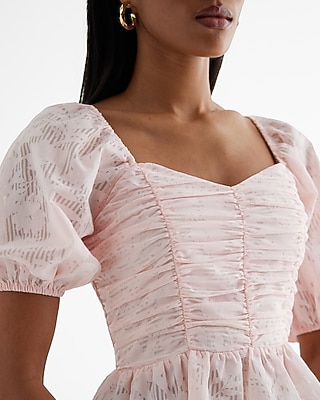 Striped Floral Puff Sleeve Ruched Peplum Top