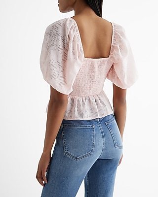 Striped Floral Puff Sleeve Ruched Peplum Top