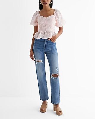 Striped Floral Puff Sleeve Ruched Peplum Top