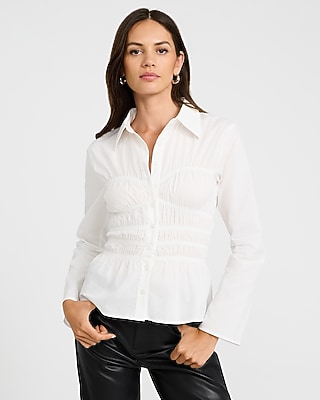 Cotton Poplin Long Sleeve Corset Smocked Shirt