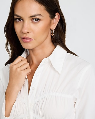 Cotton Poplin Long Sleeve Corset Smocked Shirt