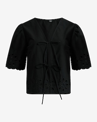 Eyelet Tie Front Scalloped Sleeve Top