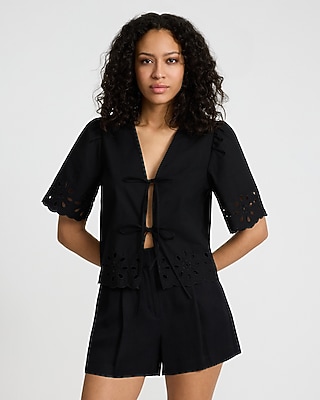 Eyelet Tie Front Scalloped Sleeve Top