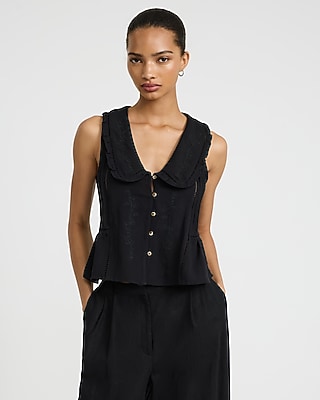 Embroidered Collared Button Front Pleated Tank