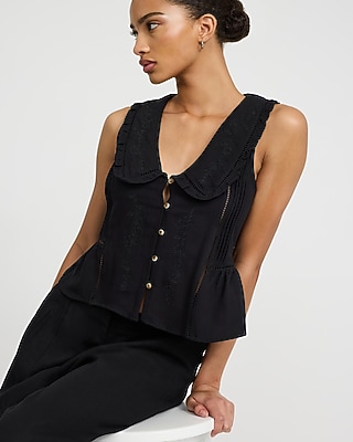 Embroidered Collared Button Front Pleated Tank