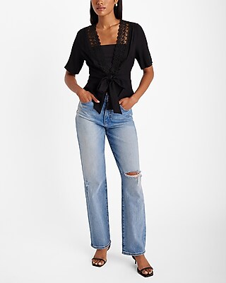 V-neck Lace Trim Tie Front Peplum Top | Express