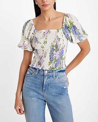 Floral Square Neck Puff Sleeve Smocked Top | Express