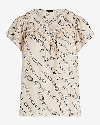 Printed Smocked Flutter Sleeve Half Button Up Gramercy Tee