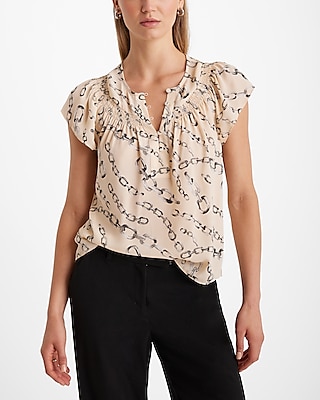 Printed Smocked Flutter Sleeve Half Button Up Gramercy Tee