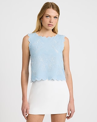 Embroidered Crew Neck Scalloped Trim Tank