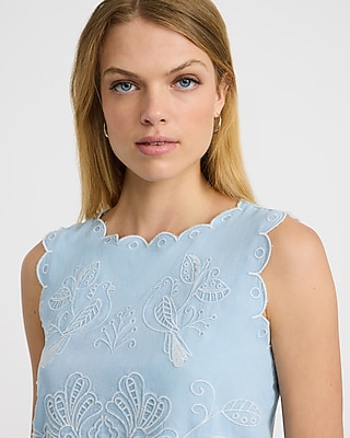 Embroidered Crew Neck Scalloped Trim Tank