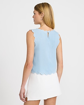 Embroidered Crew Neck Scalloped Trim Tank