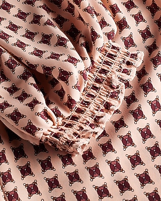 Printed Smocked Short Puff Sleeve Half Button Up Top