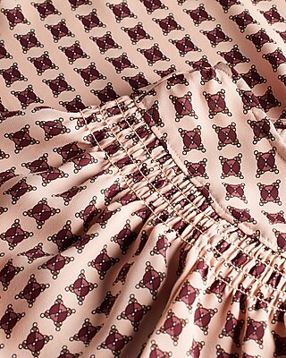 Printed Smocked Short Puff Sleeve Half Button Up Top