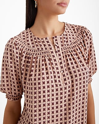 Printed Smocked Short Puff Sleeve Half Button Up Top