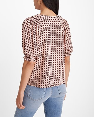 Printed Smocked Short Puff Sleeve Half Button Up Top