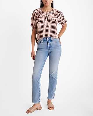Printed Smocked Short Puff Sleeve Half Button Up Top