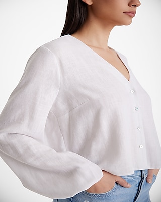 Linen-Blend V-Neck Balloon Sleeve Button Up Shirt