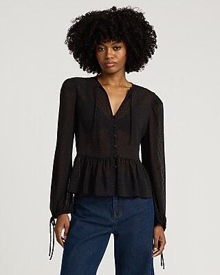 Sheer Textured Jacquard Long Sleeve Peplum Top | Express