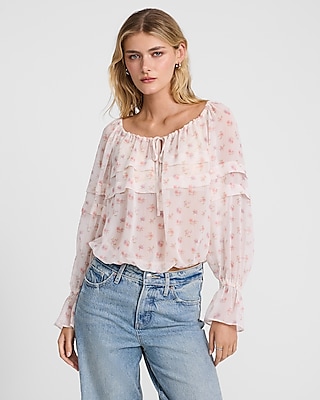 Floral Ruffle Tie Neck Long Sleeve Top