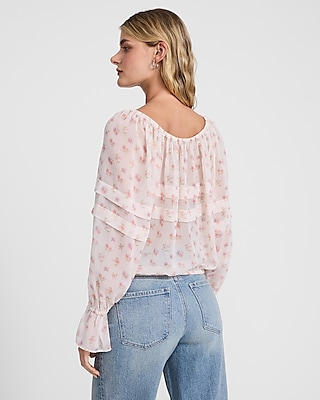 Floral Ruffle Tie Neck Long Sleeve Top
