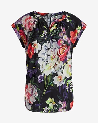 GATHERED NECK EASY SHIRT W ROLLED SLEEVE IRIS ROSE PRINT 9709968:PRINT-BLACK:M