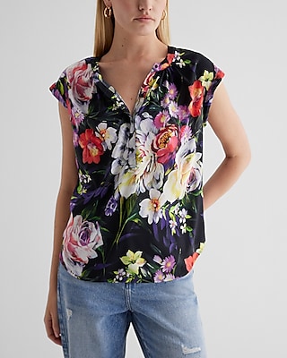 GATHERED NECK EASY SHIRT W ROLLED SLEEVE IRIS ROSE PRINT 9709968:PRINT-BLACK:M