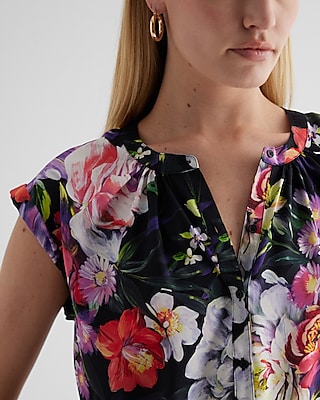 GATHERED NECK EASY SHIRT W ROLLED SLEEVE IRIS ROSE PRINT 9709968:PRINT-BLACK:M