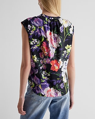 GATHERED NECK EASY SHIRT W ROLLED SLEEVE IRIS ROSE PRINT 9709968:PRINT-BLACK:M