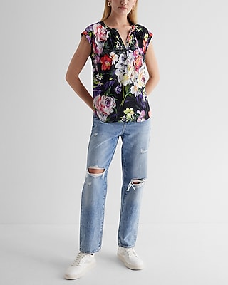 GATHERED NECK EASY SHIRT W ROLLED SLEEVE IRIS ROSE PRINT 9709968:PRINT-BLACK:M