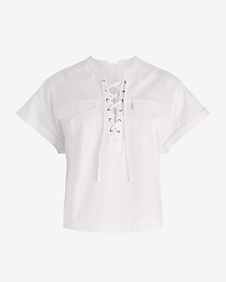 Short Sleeve Lace Up Double Pocket Boxy Tee