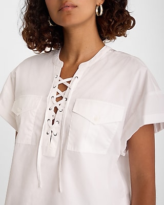 Short Sleeve Lace Up Double Pocket Boxy Tee