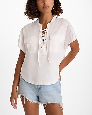 Short Sleeve Lace Up Double Pocket Boxy Tee