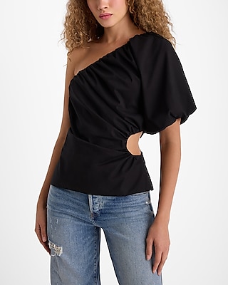 One Shoulder Puff Sleeve Ruched Cutout Top